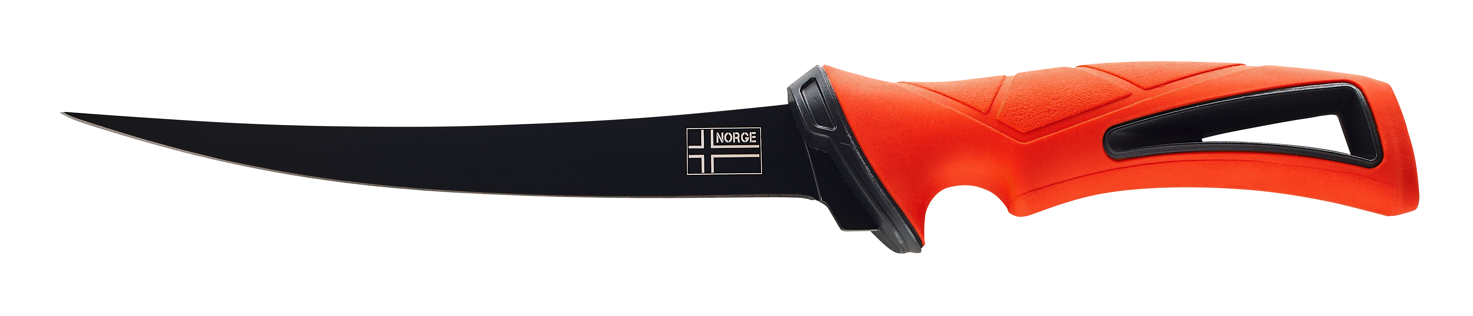 Nahaufnahme eines norwegischen Filetmessers mit schwarzer Klinge und leuchtend orangefarbenem, strukturiertem Griff. Ideal für Angler. – Fishing Adventure GmbH