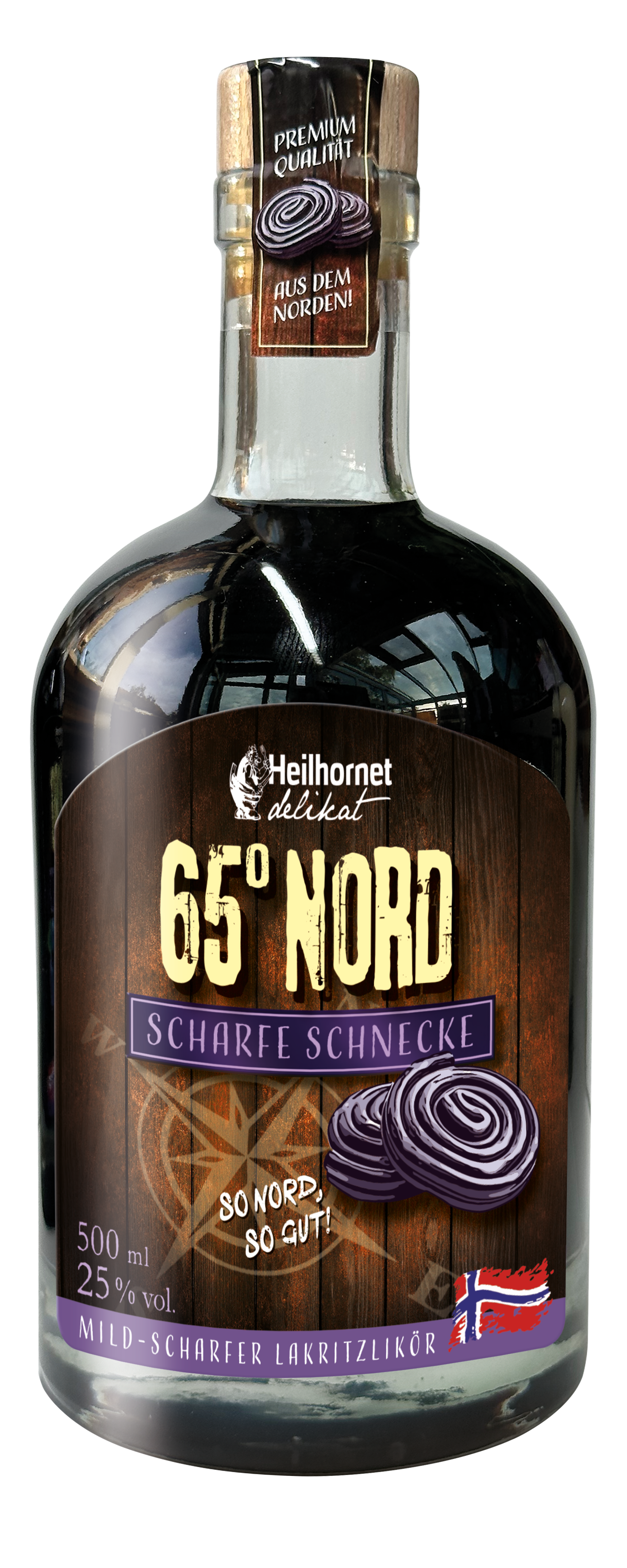 Flasche Heilhornet 65° Nord Scharfe Schnecke Lakritzlikör, Spirituose für Outdoor-Abenteuer und gesellige Angelabende. – Fishing Adventure GmbH