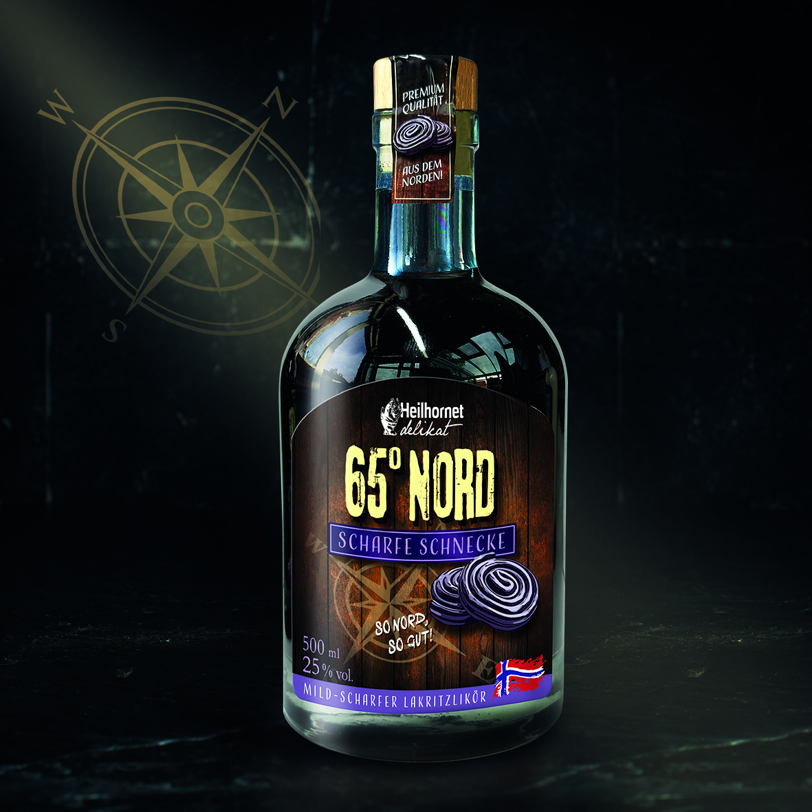 Flasche Heilhornet Delikat 65° Nord Scharfe Schnecke mild-scharfer Lakritzlikör. Premium quality imported from the north. – Fishing Adventure GmbH