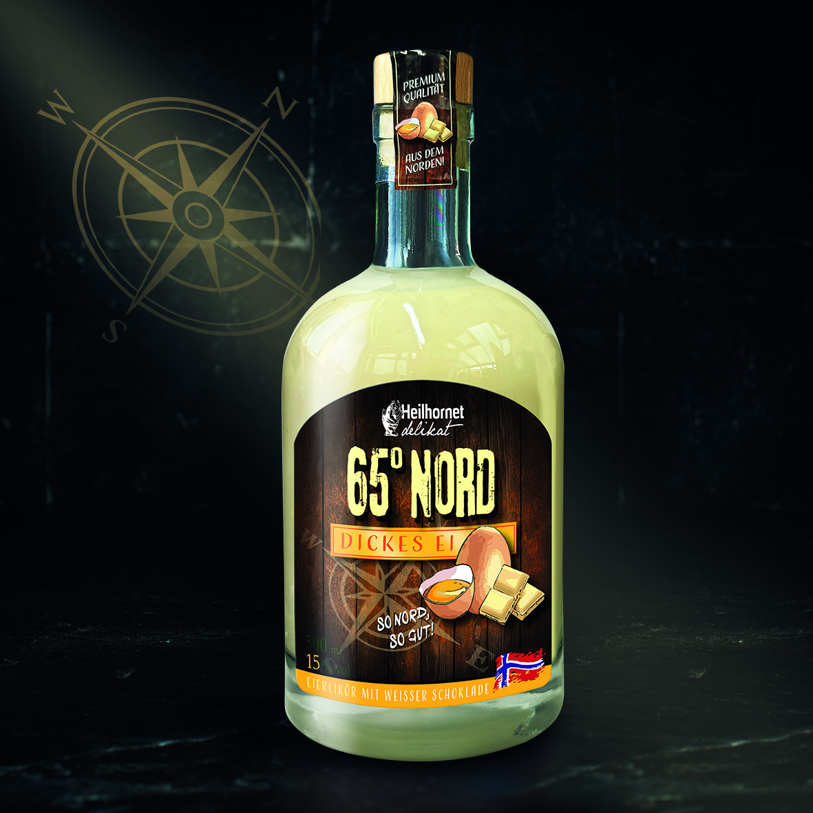 Flasche Heilhornet 65° Nord Eierlikör mit weißer Schokolade. Ein Premium-Qualitätsprodukt aus dem Norden. – Fishing Adventure GmbH
