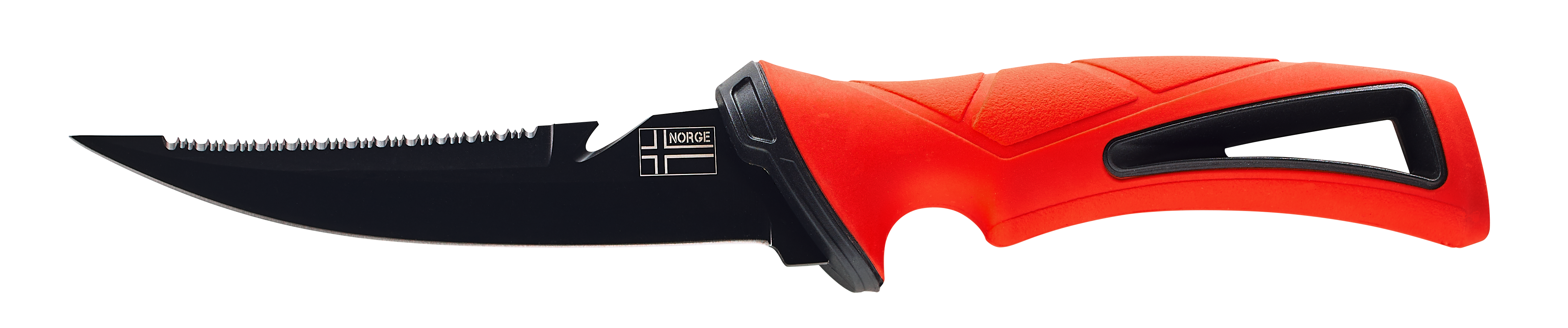 Norge-Tauchermesser mit schwarzer Wellenschliffklinge und orangefarbenem Griff zum Speerfischen und für Unterwasseraktivitäten. – Fishing Adventure GmbH