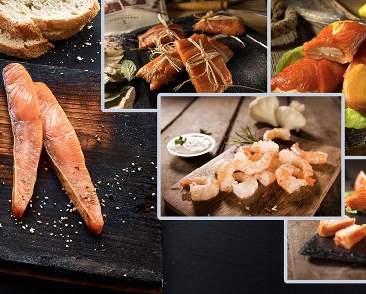 Collage verschiedener Fischspezialitäten und Meeresfrüchte, darunter Lachs und Garnelen, für den Feinschmecker. – Fishing Adventure GmbH