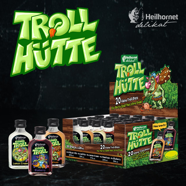 Trollhütte Shots in verschiedenen Geschmacksrichtungen im Verkaufsdisplay für Partys und Feiern. – Fishing Adventure GmbH