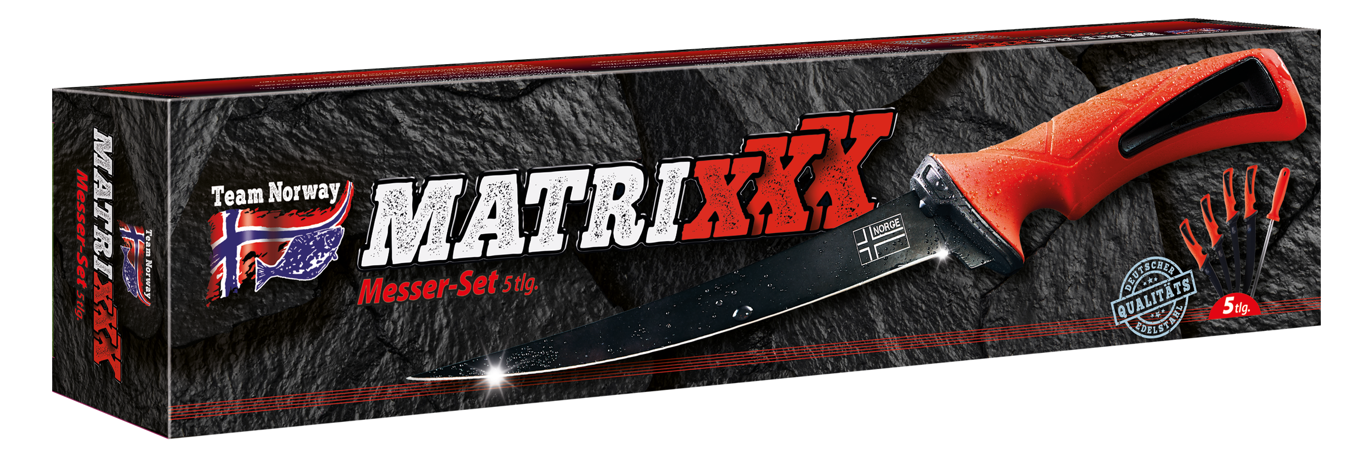Matrixxx-Messerset (5-teilig) zum Filetieren von Fisch, in der Verpackung abgebildet. Ideal für ambitionierte Angler. – Fishing Adventure GmbH