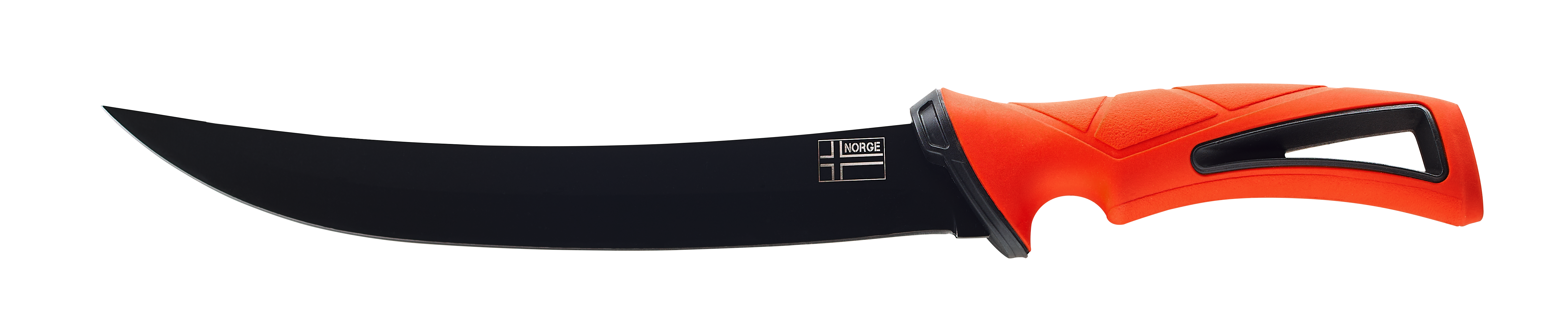 Nahaufnahme eines Jagdmessers mit gebogener schwarzer Klinge und leuchtend orangefarbenem Griff, ideal für Outdoor- und Angelaktivitäten. – Fishing Adventure GmbH