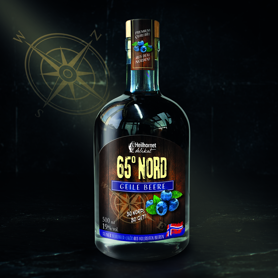 Flasche 65° NORD Blaubeerlikör. Feiner Heidelbeerlikör aus vollreifen Beeren. Ein Vorgeschmack auf den Norden. – Fishing Adventure GmbH