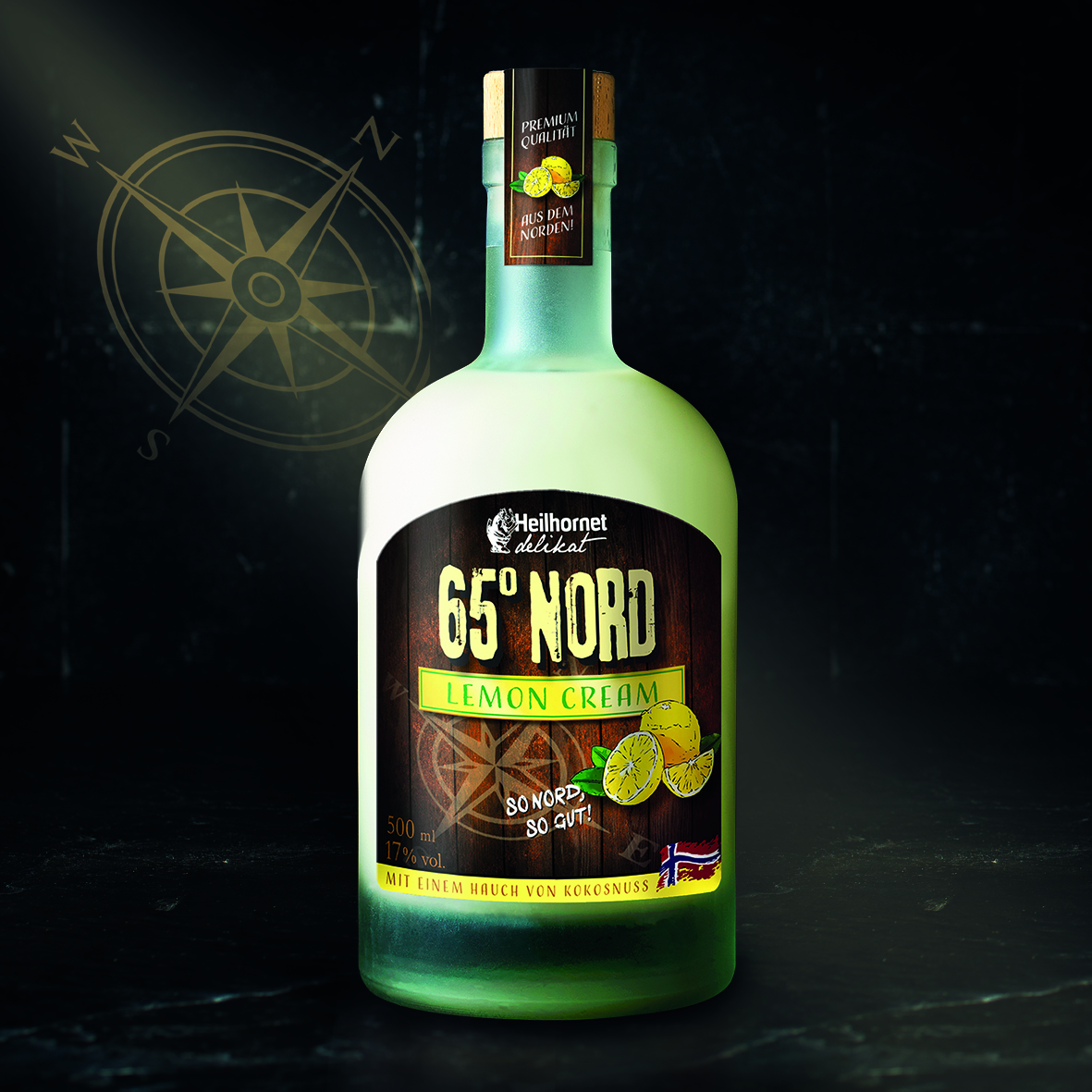 Heilhornet Delikat 65° Nord Zitronencreme Flasche. Ein nordisch inspirierter Zitronenlikör mit einem Hauch Kokosnuss. – Fishing Adventure GmbH