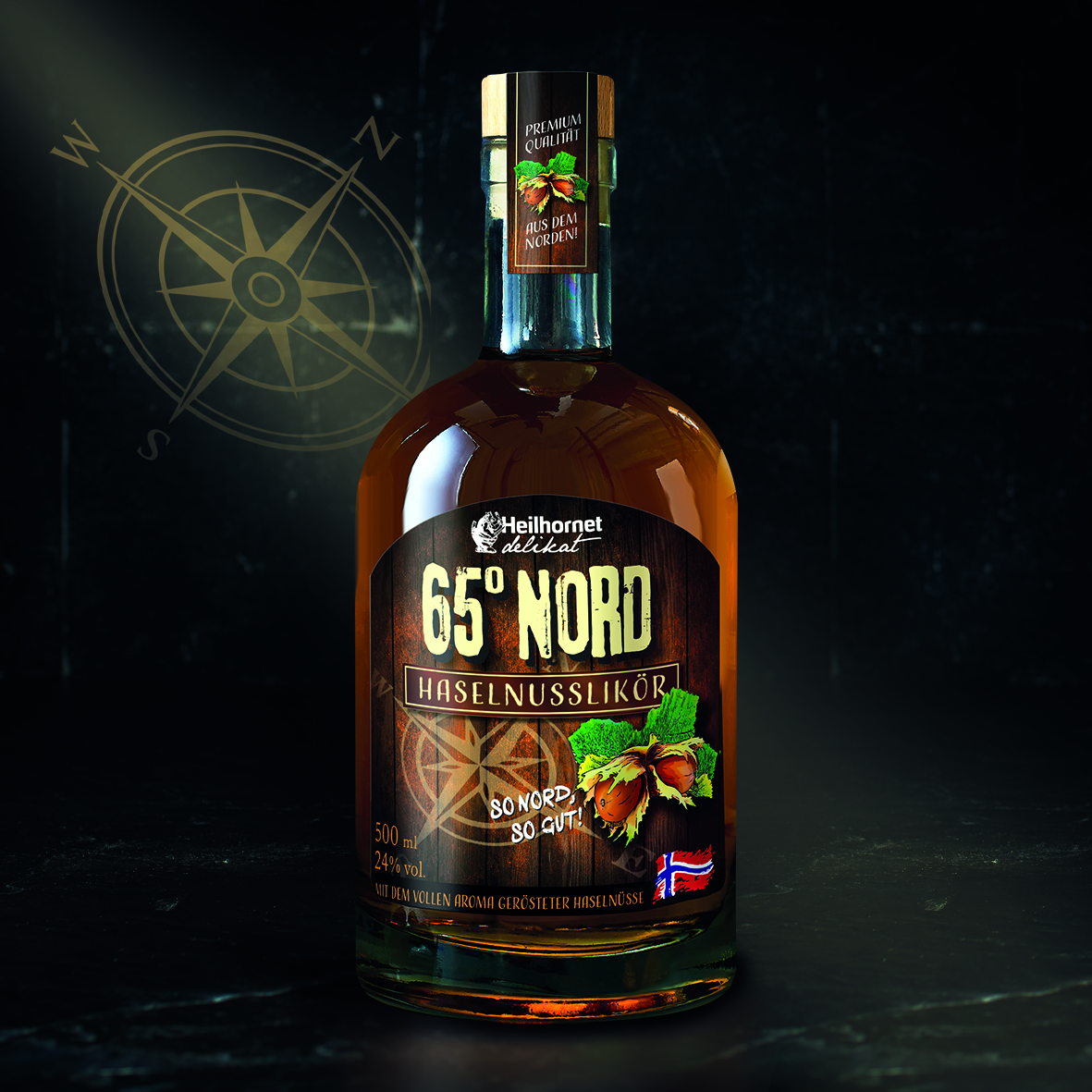 Die Heilhornet 65° Nord Haselnusslikör-Flasche erinnert an eine maritime und nordische Ästhetik mit Kompass-Design. – Fishing Adventure GmbH
