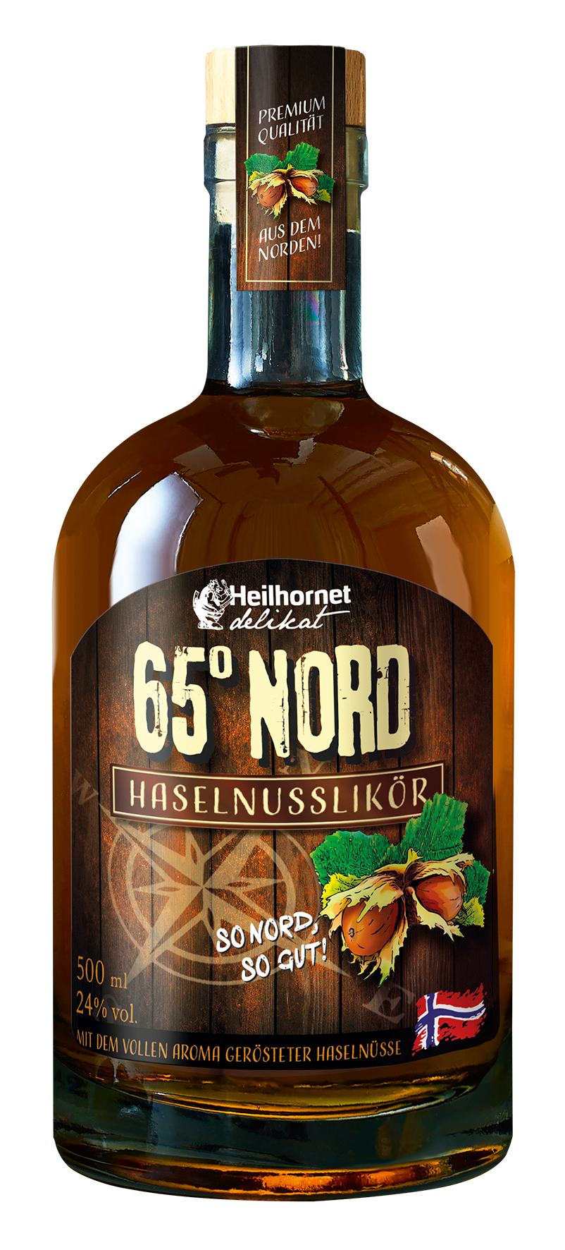 Flasche Heilhornet 65° Nord Haselnusslikör, ein hochwertiger Schnaps aus Nordeuropa. – Fishing Adventure GmbH