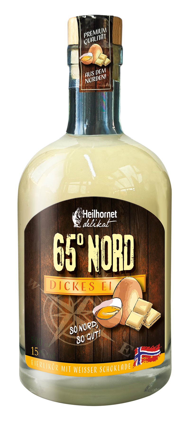 Flasche Heilhornet Delikat 65° Nord Eierlikör mit weißer Schokolade, ein Premium-Qualitätsprodukt aus dem Norden. – Fishing Adventure GmbH