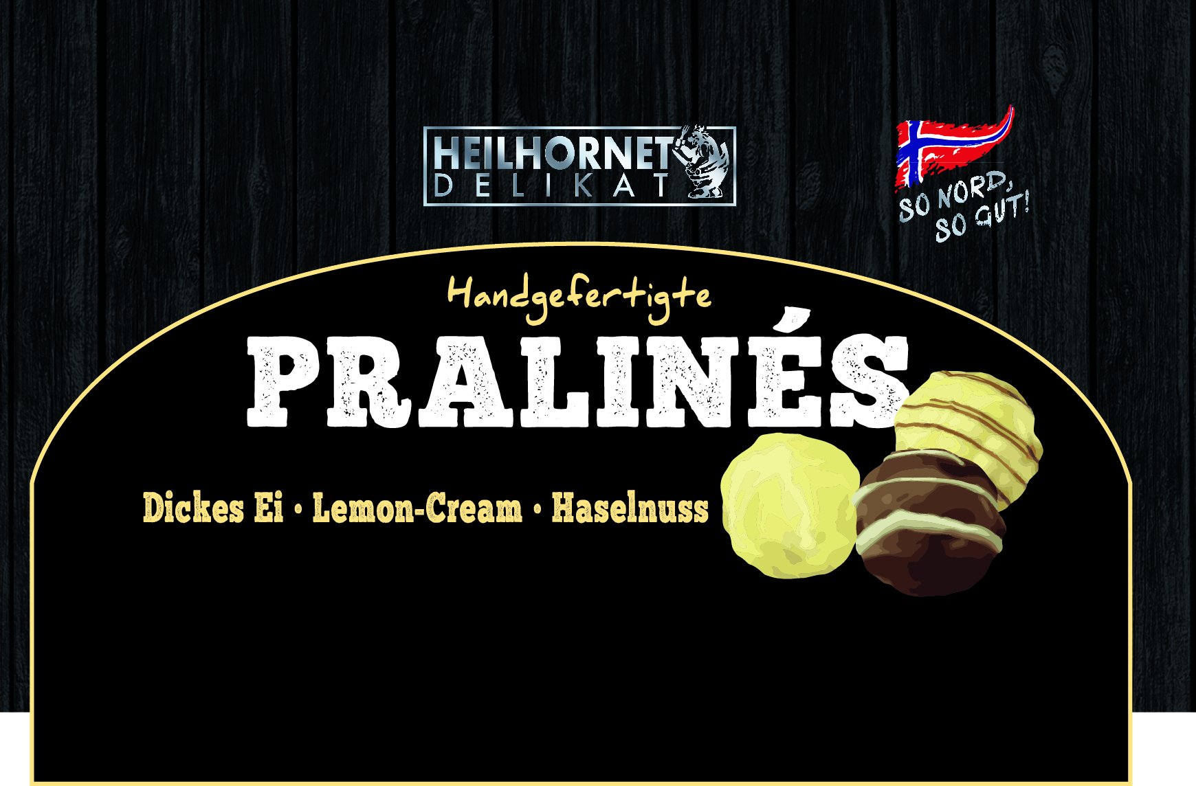 Handgefertigte Pralinen von Heilhornet Delikat mit Dickes Ei, Zitronen-Creme und Haselnuss-Geschmack. – Fishing Adventure GmbH