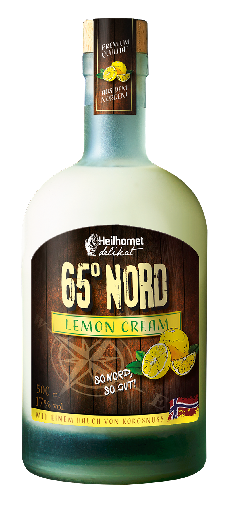 Flasche 65° Nord Lemon Cream Likör mit Zitronen und einer norwegischen Flagge auf dem Etikett. – Fishing Adventure GmbH