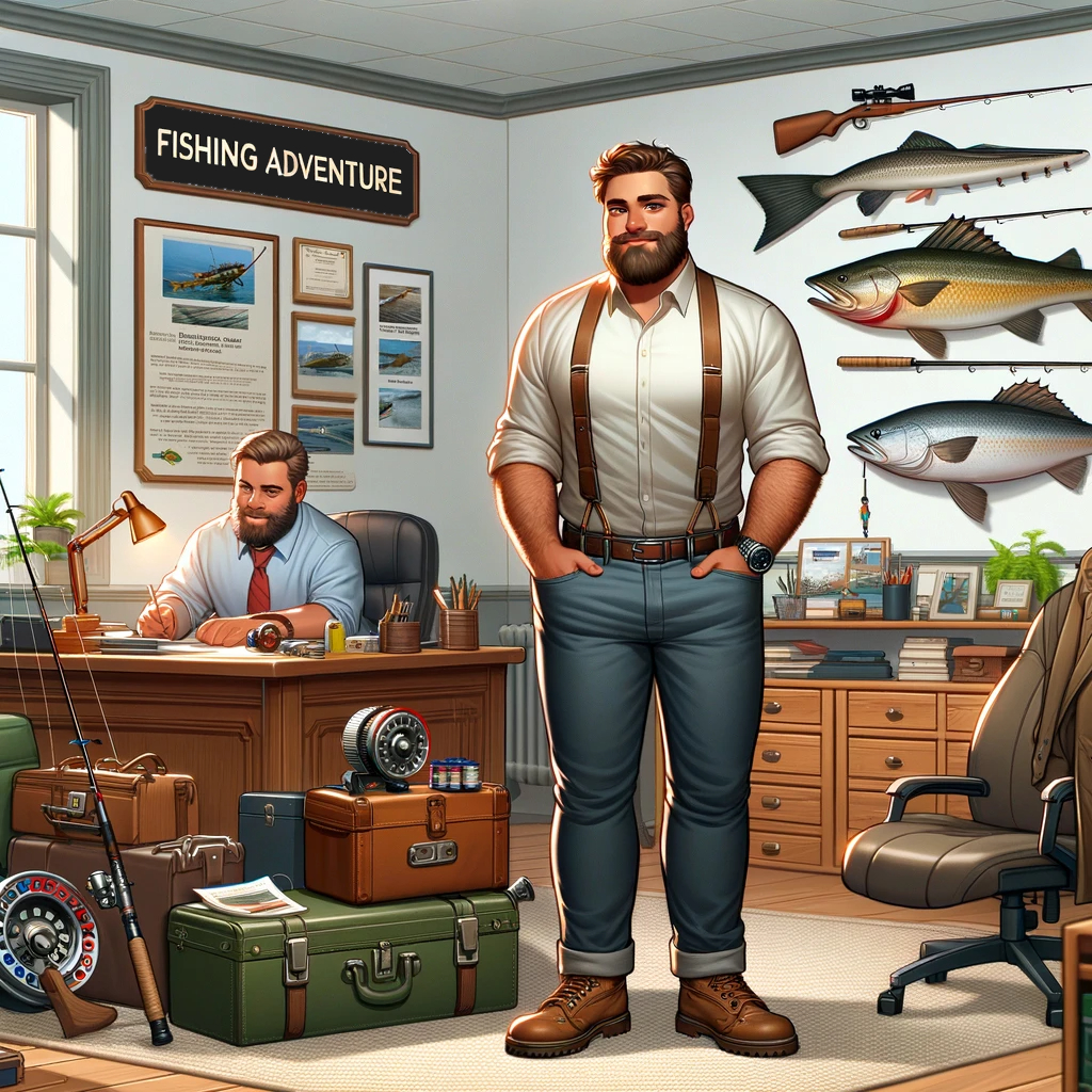 Mann im Büro mit Angelausrüstung, darunter Ruten, Rollen, Angelgerät und ausgestellten Fängen. Angel-Abenteuerkonzept. – Fishing Adventure GmbH